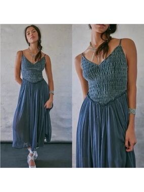 Smocked Bodice Spaghetti Strap Maxi Dress in Slate Blue